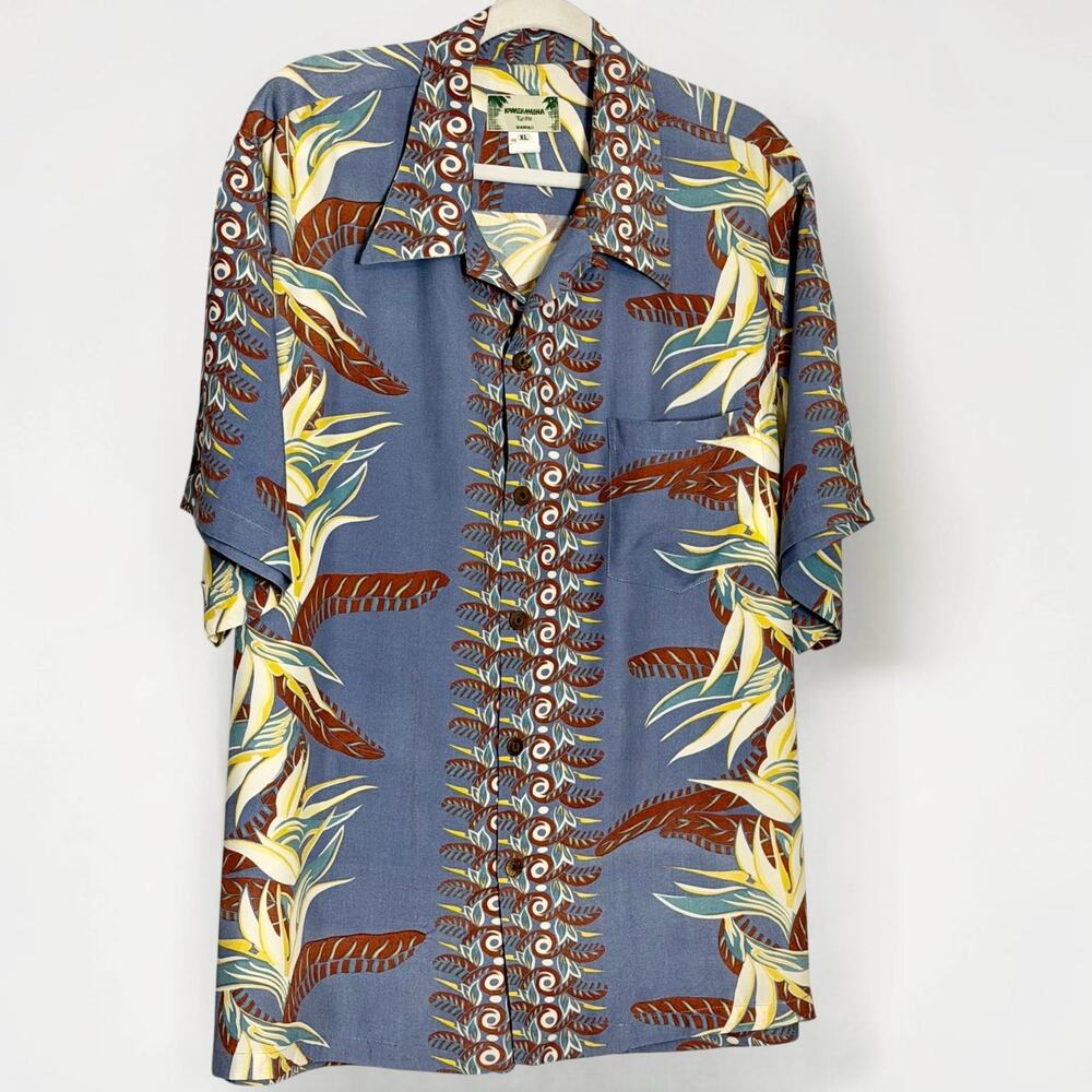 Vintage Kamehameha Hawaii Rayon Shirt XL Blue Aloha Birds of Paradise Floral Lei